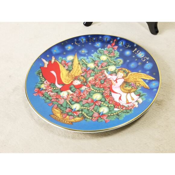 Christmas Plate 1995 Trimming The Tree Peggy Toole Porcelain Trim 22k Gold Vtg - Picture 10 of 12